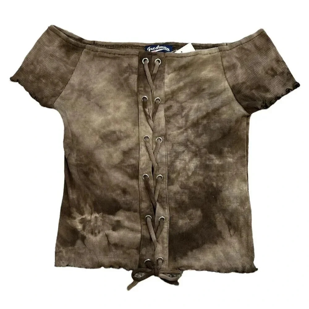Freshman 1996 Brown Tie Dye Cropped Off Shoulder Girls Top 16